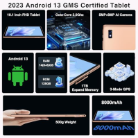 2024 Nejnovější Android 13 Tablet 10 palců 14GB RAM + 128GB ROM (1TB TF), 8000mAh baterie, Octa-Core 2.0Ghz, GPS, 5G + 2.4G WiFi