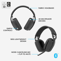 Logitech Zone Vibe 100 Lehká bezdrátová over-ear sluchátka s mikrofonem s potlačením hluku, pokročilá multipoint Bluetoo