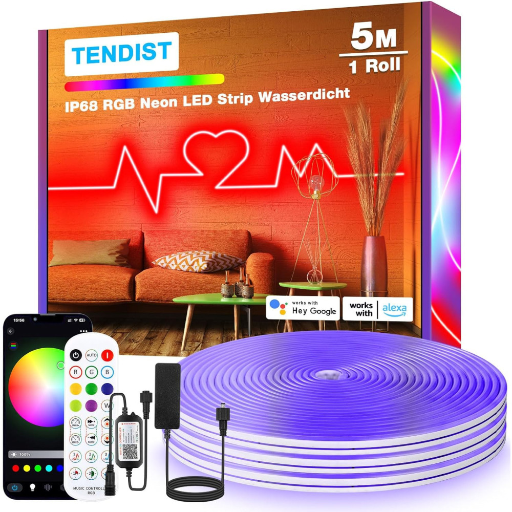 TENDIST 5M RGB neonový LED pás venkovní použití, IP68 vodotěsný WiFi flexibilní neonový proužek kompatibilní s Alexou