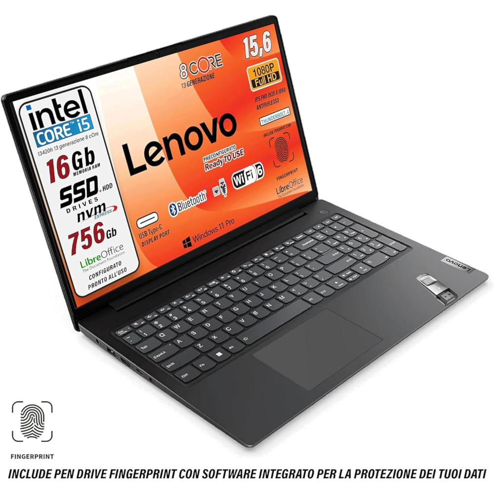 Lenovo, Intel i5 13th Gen, 8 jader, 16 GB RAM, 15,6"" Full HD displej, 256GB PCI SSD + 500GB HDD, Win 11 Pro, Libre Offi