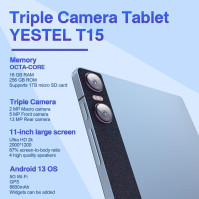 YESTEL Tablet 11" Android 13 s 16 GB RAM + 256 GB ROM (1TB TF), 2K 2000 x 1200 IPS, 5G WLAN, 4 reproduktory, 3 kamery, G