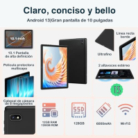 JUSYEA Tablet 10 Zoll Android 13 PC | WiFi 5G + 12GB RAM + 128GB ROM 1TB TF | 8 CPU Octa-Core | WiFi + BT 5.0 + baterie 8000mAh