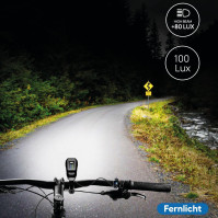 FISCHER cyklistická LED bateriová osvětlovací sada Twin Stop 100 Lux s dálkovým světlem, se senzorovým režimem