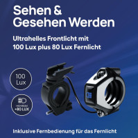 FISCHER cyklistická LED bateriová osvětlovací sada Twin Stop 100 Lux s dálkovým světlem, se senzorovým režimem