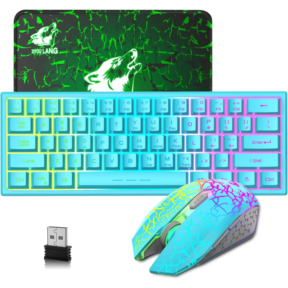 LexonElec 60% modré bezdrátové herní klávesnice a myš, podsvícené RGB LED, ergonomické, bezdrátové, nabíjitelné