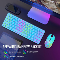 LexonElec 60% modré bezdrátové herní klávesnice a myš, podsvícené RGB LED, ergonomické, bezdrátové, nabíjitelné