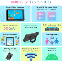 Dětský tablet Android 14, 8palcový dětský tablet, dětské dotykové tablety UMIDIGI G1 Tab Mini Kids, 7(3+4)GB+32GB/TF 1TB