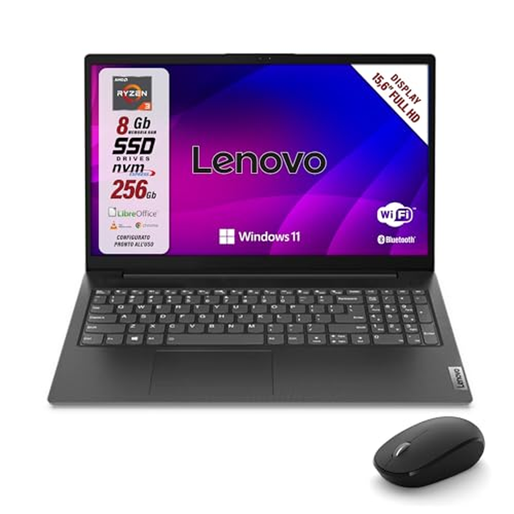 Lenovo, PC přenosný notebook, AMD Ryzen 3 7Th, RAM 8GB, SSD 256GB, displej 15,6" FHD, web kamera, 3 USB, Wi-fi, HDMI, Win11 Pro,