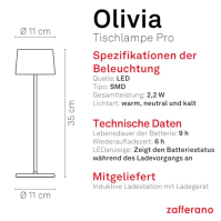 Zafferano, lampa Olivia Pro, Přenosná a dobíjecí stolní lampa s dotykovým ovládáním, Vhodná do obývacího pokoje i pro venkovní p