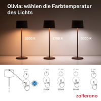 Zafferano, lampa Olivia Pro, Přenosná a dobíjecí stolní lampa s dotykovým ovládáním, Vhodná do obývacího pokoje i pro venkovní p