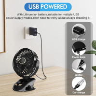 mebiusyhc Stolní ventilátor USB, malý přenosný ventilátor s klipem, 5 rychlostí, tichý a osobní stolní ventilátor, otáčení o 90°