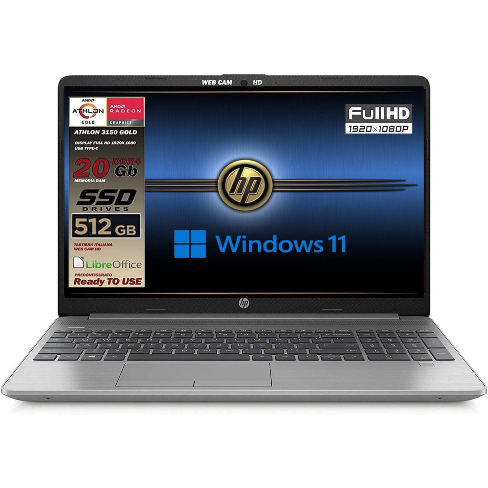 Notebook HP 255 G9 Silver, M2 512GB SSD, 15,6" FullHD displej, AMD A9 Gold 3150U až 3,3 GHz, 20GB DDR4 RAM, Libre Office, Wi-fi,