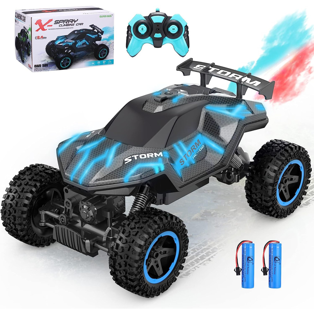 HOMYE Nákladní auto na dálkové ovládání, 1:16 Off Road RC Cars Boy Toy pro věk 6 7 8 9 10 11 se spreji a světly, 2 baterie na 60