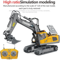 Plně funkční bagr na dálkové ovládání, 11 kanálů 1:20 RC bagr 680 stupňů otáčení RC traktor stavební hračky se zvuky a světly, 2