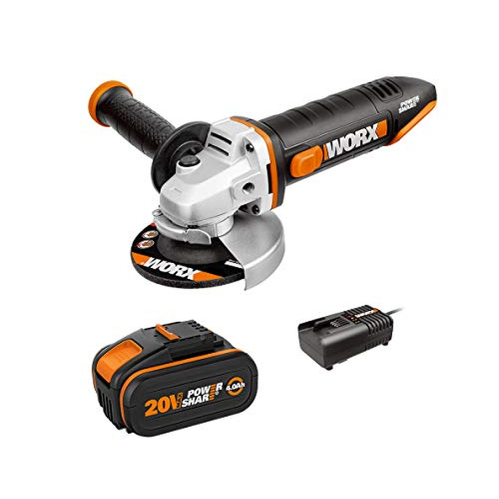 WORX 18V (20V MAX) akumulátorová úhlová bruska WX800.4, 4.0Ah, Powershare, 115mm, 2polohová přídavná rukojeť, beznástrojové nast