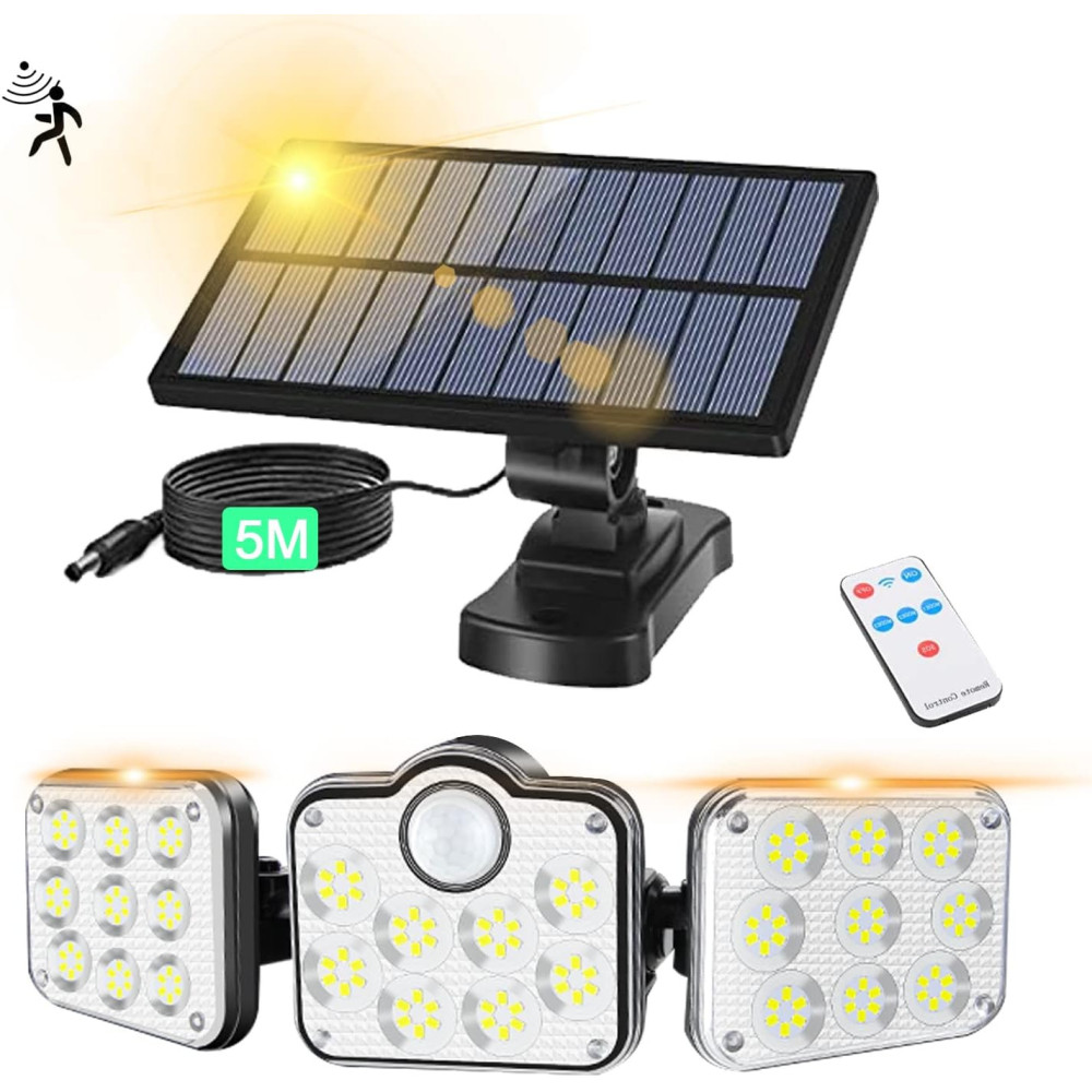 Devenirriche solární světelný detektor pohybu, 50 W LED reflektor 3 hlavy 138 LED IP65 vodotěsný 3 režimy venkovní LED s