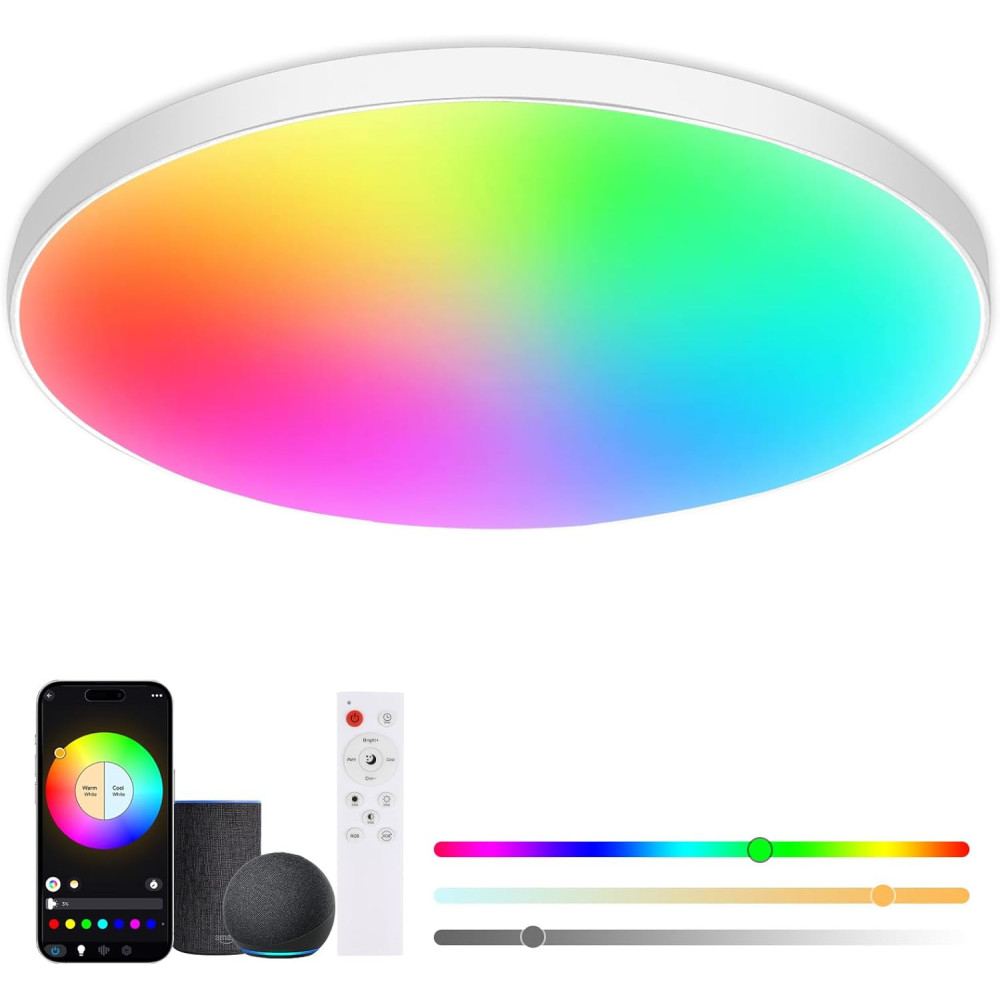 ZWOOS Stropní svítidlo LED 30W, RGB stropní svítidlo kulaté, kompatibilní s Alexa a Google Home, stmívatelné, 2700K-6500K