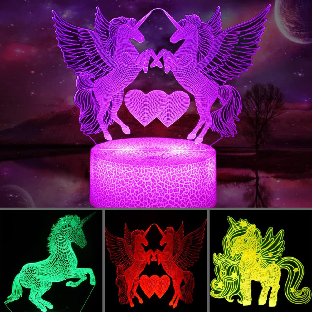 Unicorn 3D Noční světlo pro dívčí pokoj 3 vzory LED lampa s iluzí 16 změn barev, dekorativní lampa s časovačem a DO