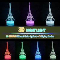 Marzius Eiffel Tower světová památka 3D iluzní LED stolní lampa noční světlo s pozdravnou kartou, luminiscenční základna