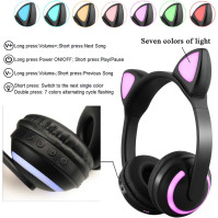 JINSERTA bezdrátová Bluetooth sluchátka Cat Ear 7 barev LED světla blikající podsvícení stereo sluchátka kompatibilní