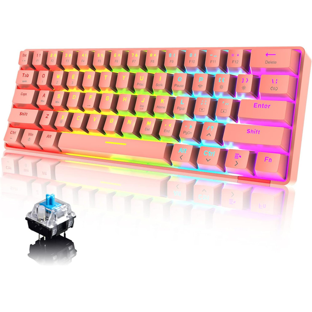 60% Mechanická klávesnice s kabelovým/bezdrátovým Bluetooth 5.0 duálním režimem, 61 kláves RGB Rainbow LED podsvícená USB