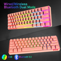 60% Mechanická klávesnice s kabelovým/bezdrátovým Bluetooth 5.0 duálním režimem, 61 kláves RGB Rainbow LED podsvícená USB