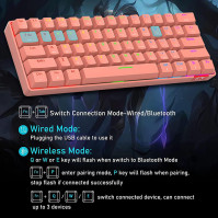 60% Mechanická klávesnice s kabelovým/bezdrátovým Bluetooth 5.0 duálním režimem, 61 kláves RGB Rainbow LED podsvícená USB