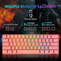 60% Mechanická klávesnice s kabelovým/bezdrátovým Bluetooth 5.0 duálním režimem, 61 kláves RGB Rainbow LED podsvícená USB