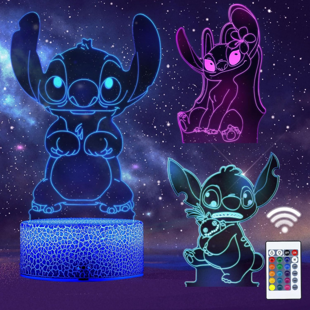 QQAAMZ Stitch Lampa 3D iluze Stitch Noční lampička pro děti s dotykem a dálkovým ovládáním, ​Anime Merch Lilo & Stitch