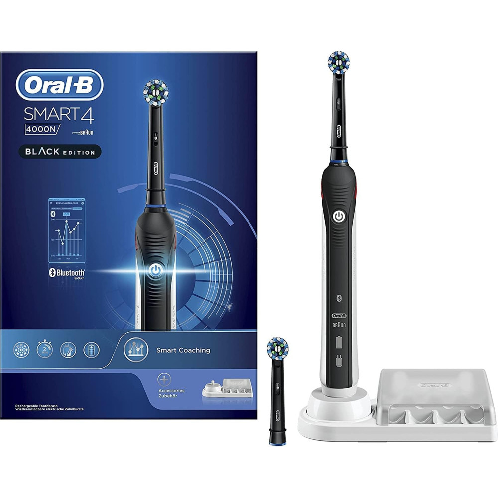 Nabíjecí elektrický zubní kartáček Oral-B Smart 4 - 4000N Black Connected s Bluetooth, 2 náhradní hlavice. 1 zubní kartáček