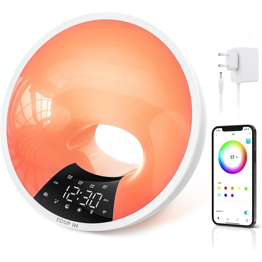 EDUP IN Wake Up Light Smart Sunrise Budík Bluetooth Reproduktor Ovládání aplikace 4 budíky Snooze 16 milionů nočních světel