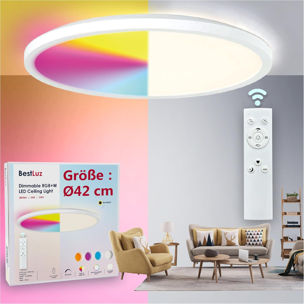 BestLuz LED stropní lampa, LED panel stropní lampa Ø 42 cm, 24W RGBW + studená bílá 4000K s podsvícením