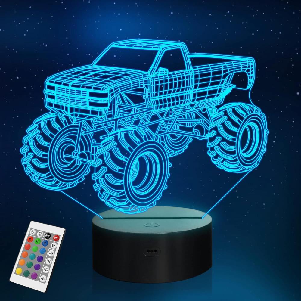 3D noční osvětlení pro děti, dětská noční lampa, Monster Trucks pro chlapce, 16 LED barev měnící se osvětlení, akrylové osvětlen