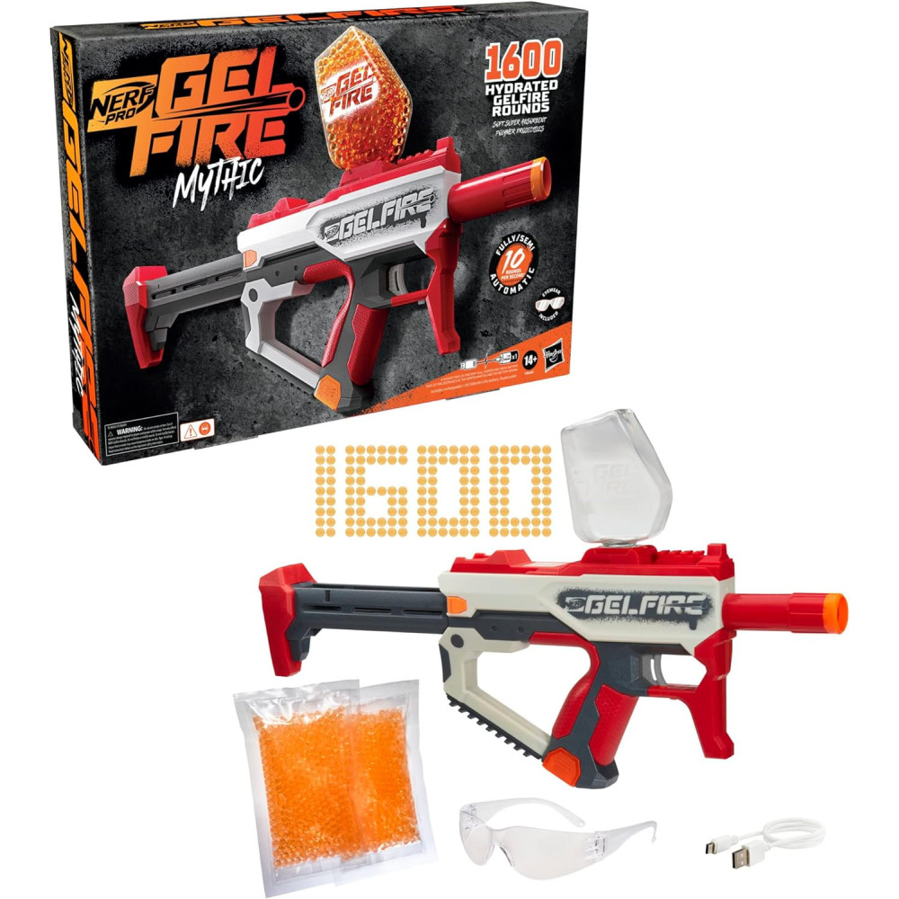 Blaster Nerf Pro Gelfire Mythic, 1 600 nábojů Gelfire, zásobník, dobíjecí baterie, brýle