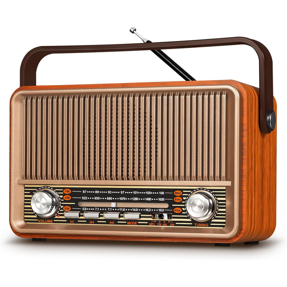 Prunus J-120 AM/FM/SW retro rádio, malé kapesní rádio s 1800 mAh baterií nebo AC napájením, nostalgické rádio s Bluetooth