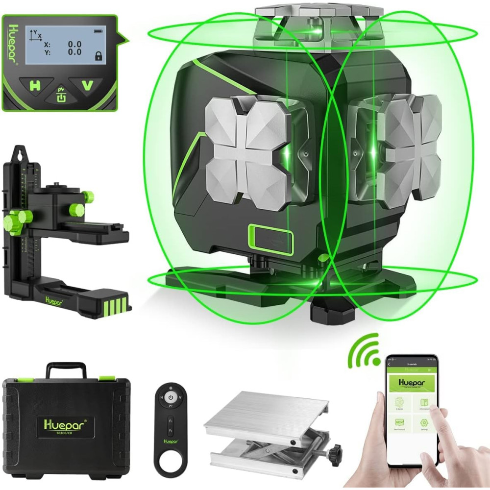 Zelená laserová vodováha, Huepar S04CG samonivelační laserová vodováha LCD, Bluetooth Green Beam Cross Line Laser Tool